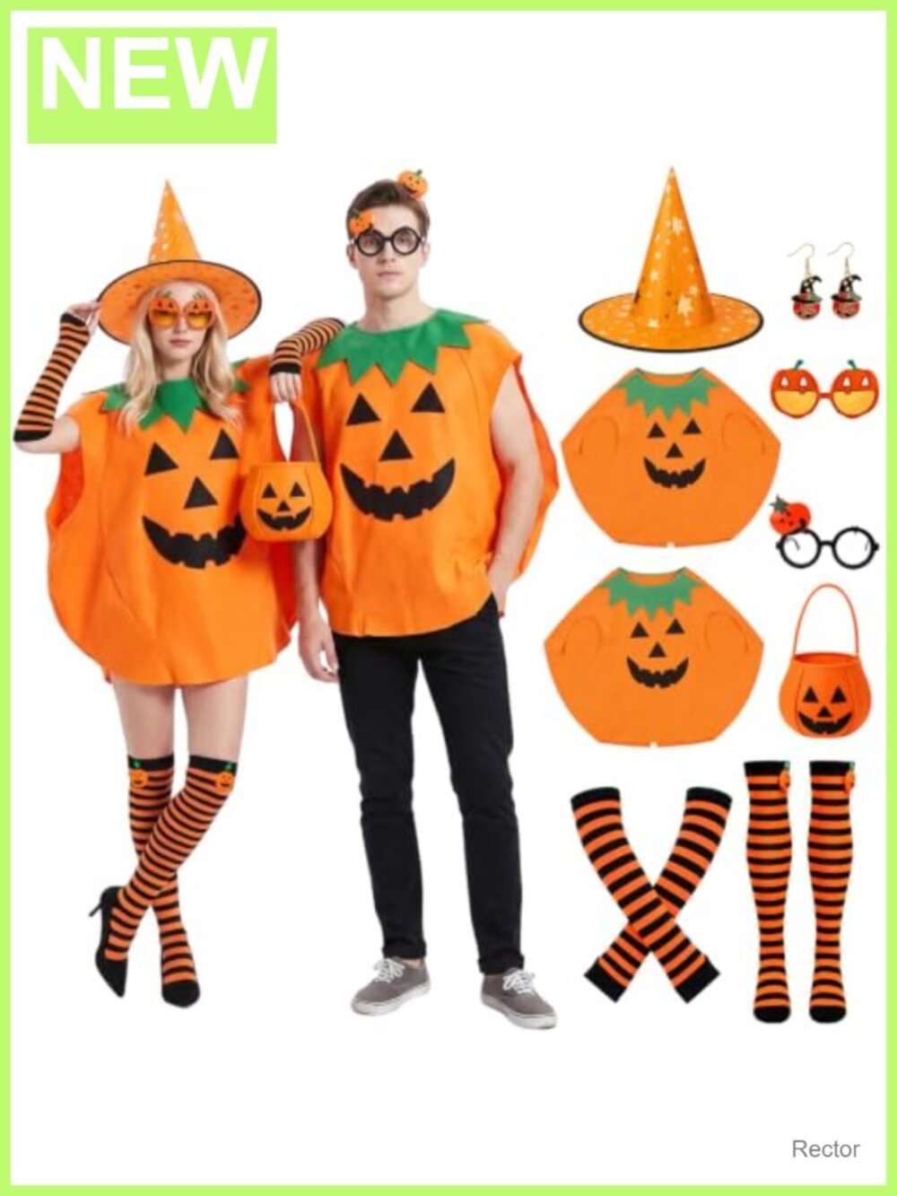 9 Pc Adult Pumpkin Costume Set Couples Halloween Poncho Accessories